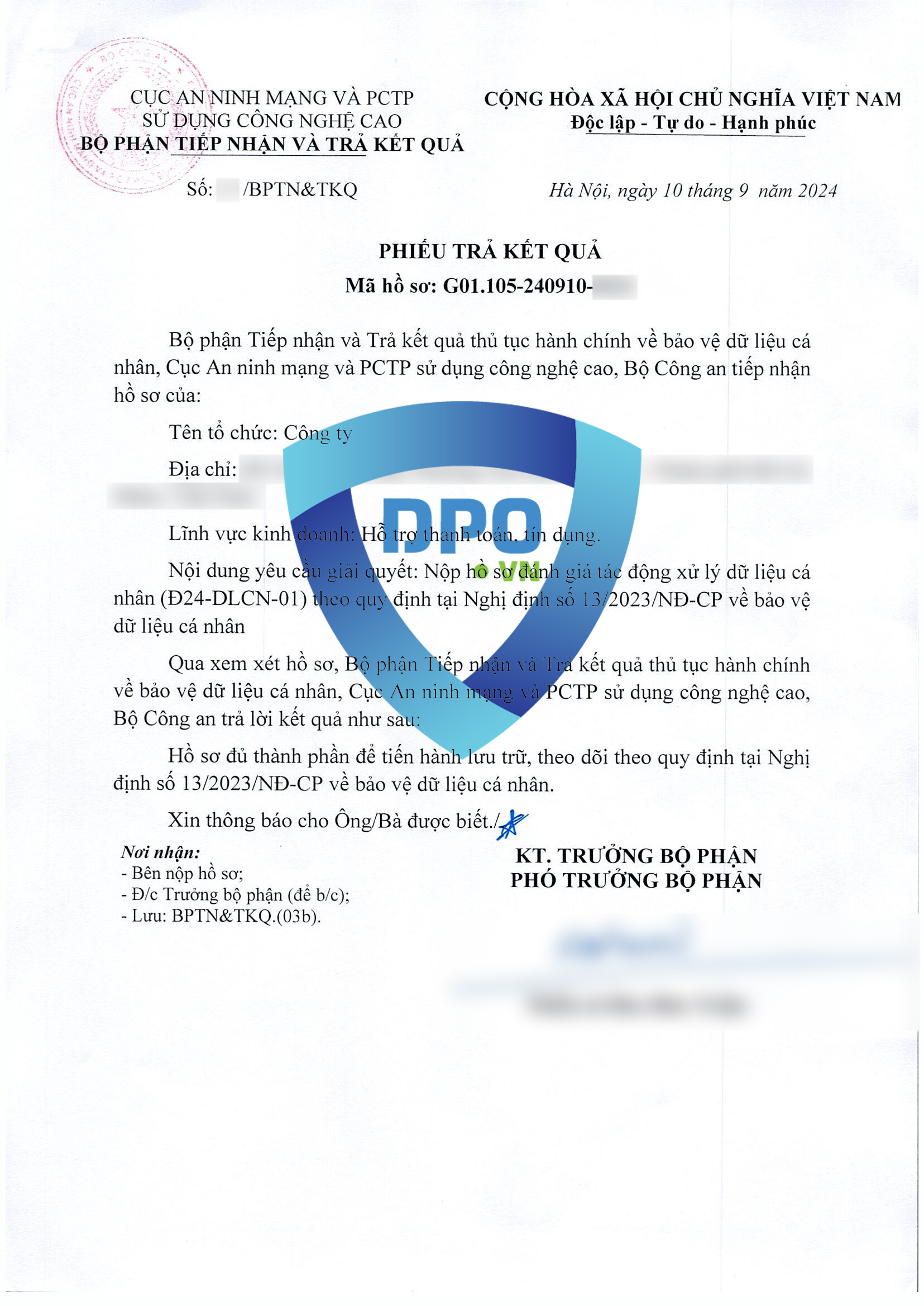 Kết quả nộp hồ sơ đánh giá tác động xử lý dữ liệu cá nhân lĩnh vực hỗ trợ thanh toán tín dụng