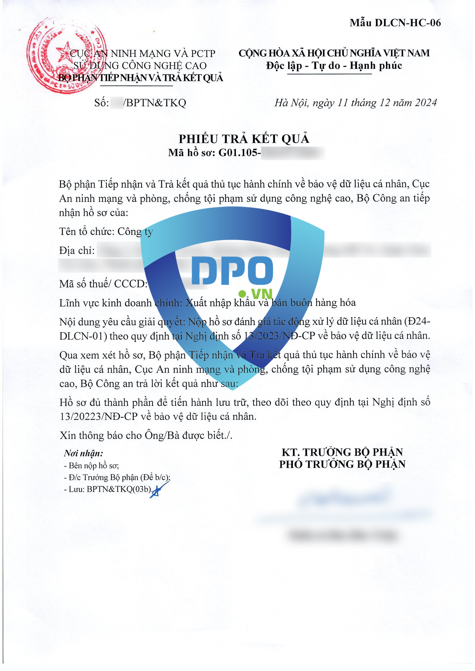 Kết quả nộp hồ sơ đánh giá tác động xử lý dữ liệu cá nhân lĩnh vực xuất nhập khẩu